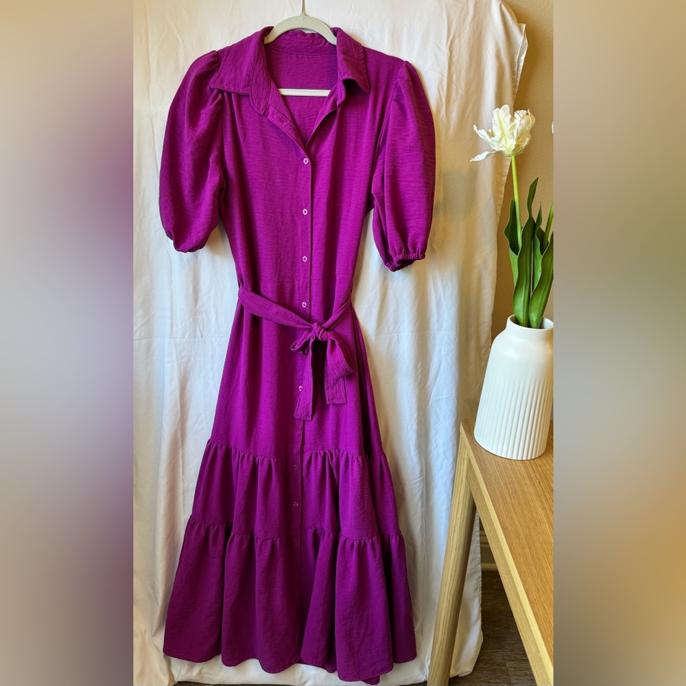 Stunning Magenta Dress Puff Sleeve Belted Feminine Chic Size S